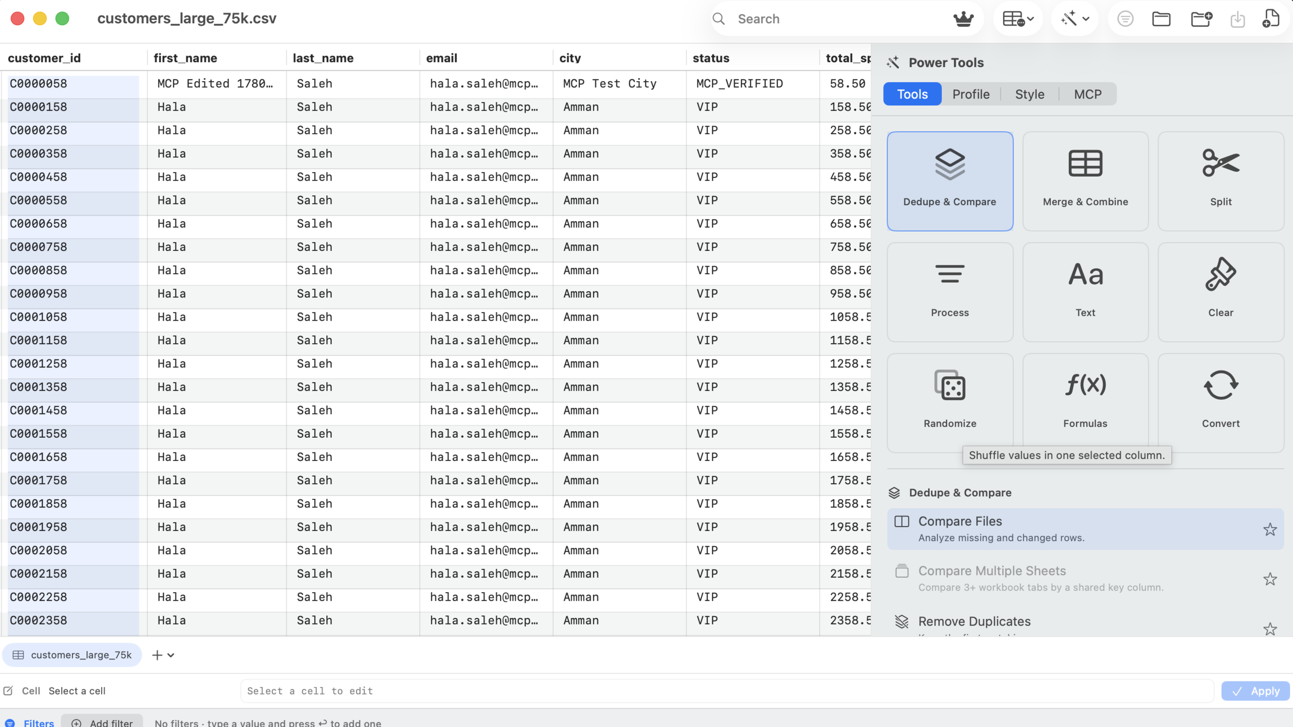CSV Power Editor app window showing a spreadsheet grid, Power Tools sidebar, filters, and MCP status.